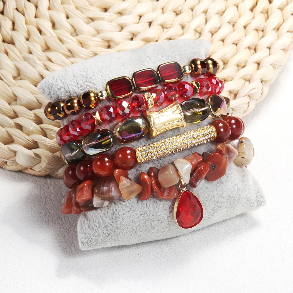 New Fashion Bohemian Women's Jewelry Natural Stone Shiny Glass Handmade Beaded Elastic Bracelet Drop Pendant 5pcs Bracelet set