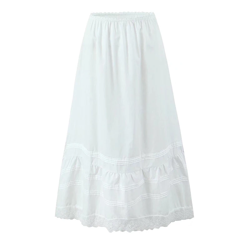 YENKYE Sweet Women Lace Spliced White A-line Midi Skirt Sexy Low Waist Holiday Summer Skirt Cotton