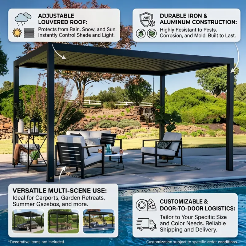 Aluminum Louvered Pergola Veranda Waterproof Sun Shade Outdoor Gazebo Terrace Garden Pavilion Adjustable Roof