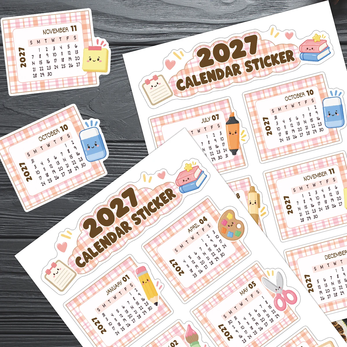 2sheets Kawaii Plaid 2027 Monthly Calendar Stickers,Monthly Tab Sticker For Journal,Notebook,Scrapbook,Decor For Handmade Crafts