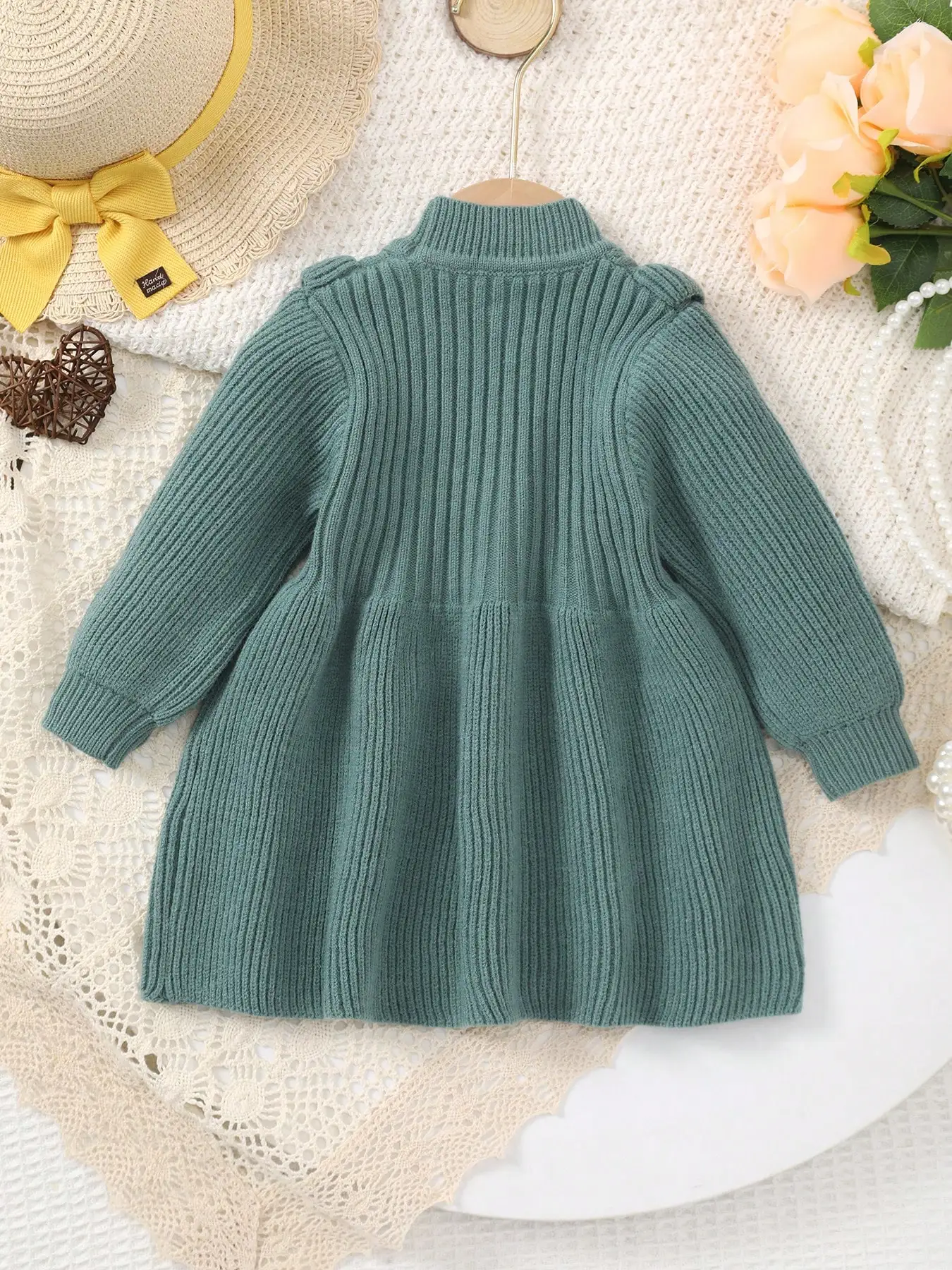 Baby Girl's Forest-Style Green Knitted Dress with Ruffle Design and Round Neck Baby Sweater Dress