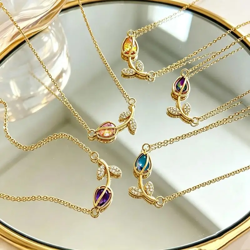Dainty Tulip Charm Necklace Glitter Colorful Crystal Rustproof Stainless Steel for Women Daily Party All-match Wear