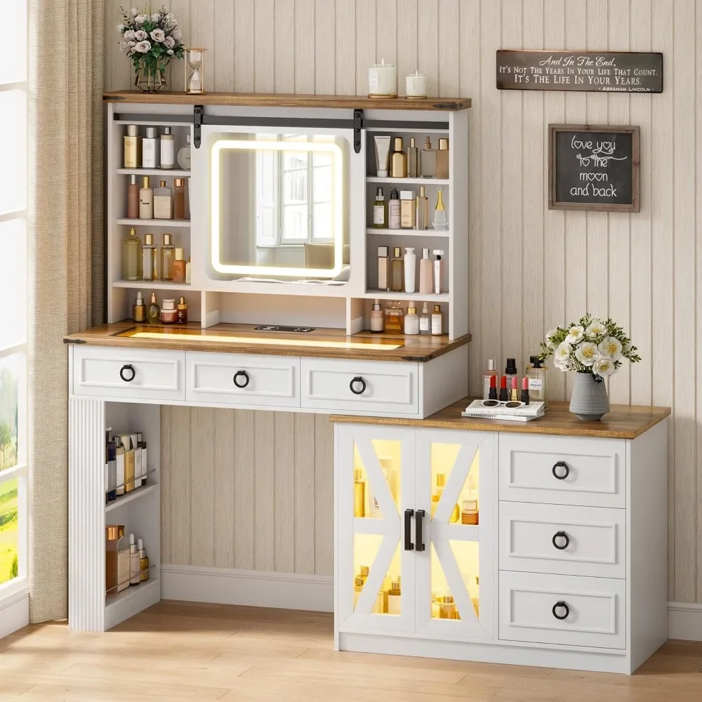 Farmhouse Makeup Vanity Desk with Sliding Mirror and Lights,40