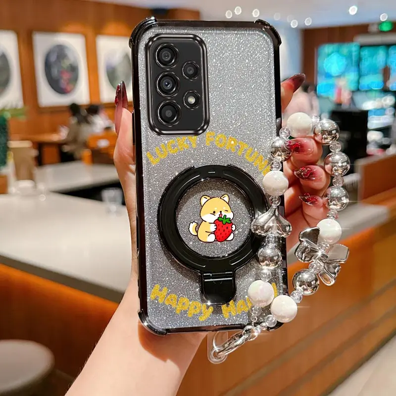 Jewelry Glitter Strawberry Dog Phone Holder Case For Samsung Galaxy A13 A14 A15 A16 A24 A25 A34 A35 A36 A54 A55 A12 A22 4G 5G