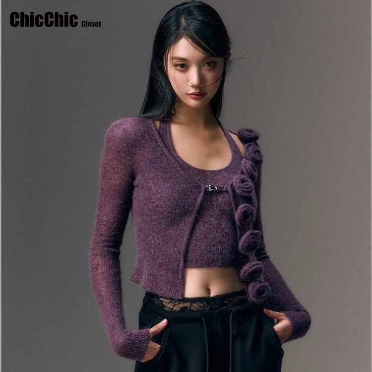 Damski kardigan z dzianiny z długim rękawem, styl koreański, czysta pokusa, seksowny wygląd, efekt wyszczuplający, dekolt z odkrytymi ramionami, nowość 2025.