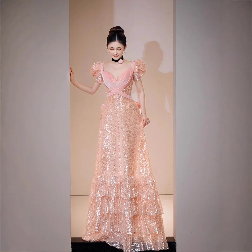 Sparkly Pink Long Prom Dress Sequine Ruffles Backless Bow Formal Birthday Party Gowns Robe De Soiree Vestidos Festa  Quinceanera