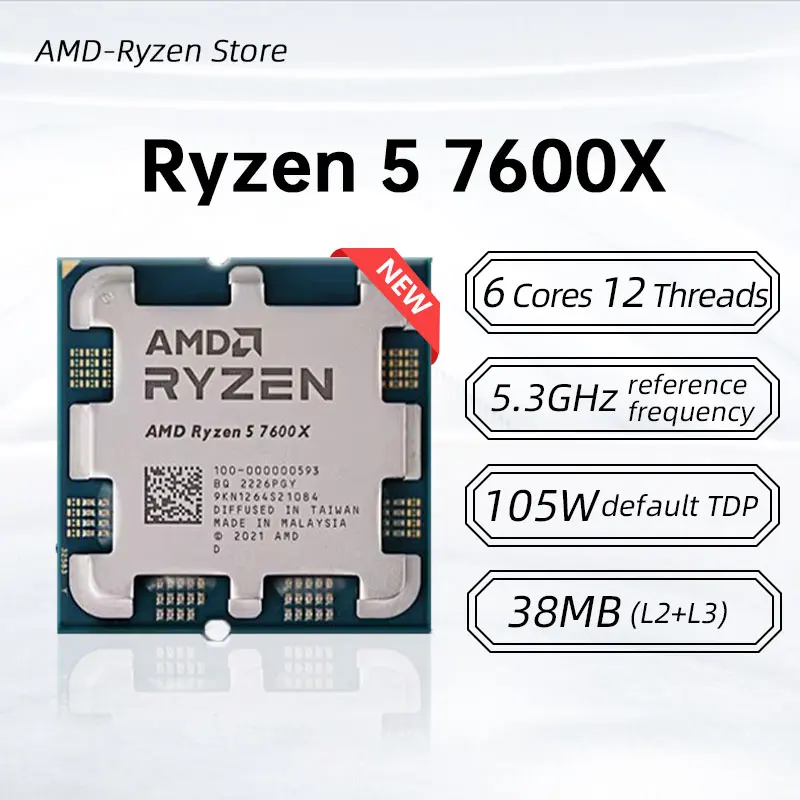 AMD RYZEN 5 7600X Brand New CPU Gaming Processor AMD R5 7600X 6-Core 12-Thread 5nm 38M Socket AM5 Without Fan PC Gamer Cache