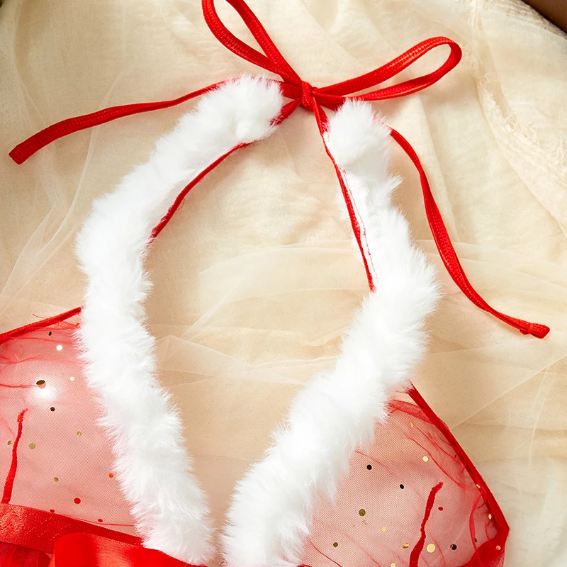 شبه شفافة تألق شبكة مثير الملابس الداخلية النساء عيد الميلاد باس النوم ثونغ منامة مجموعة الإناث فستان بيبي دول المثيرة ازياء #2