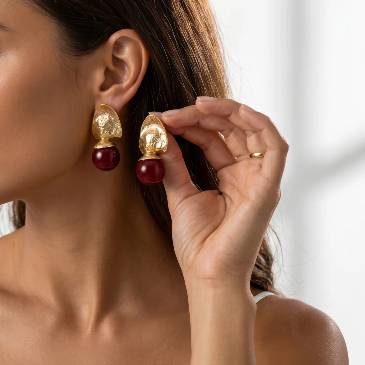 Vintage Hammered Gold Color Red Bead Drop Earrings Burgundy Stone Dangle Earrings For Daily Office & Casual Wear