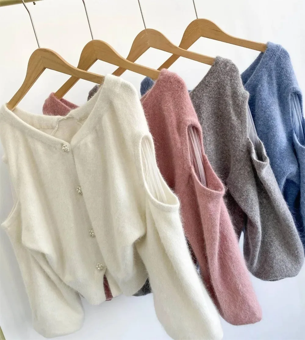 Kuzuwata V Neck Long Sleeve Solid Woman Sweaters Single Breasted Sweet Casual Jumper Japan Knit Lace Shoulder Strapless Tops