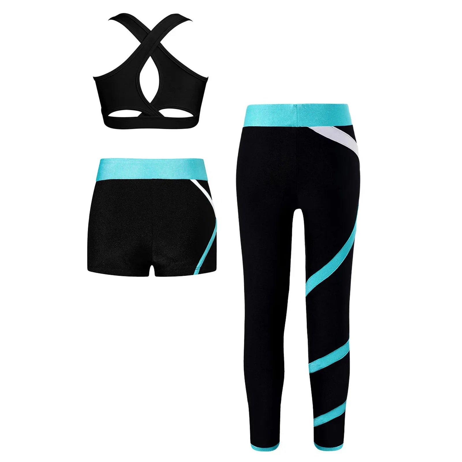 Kids Girls Ice Figure Skating Bra Tops Pants Set Teens Trousers Top Shorts Leggings Gymnastics Training Practice Fitness Suit