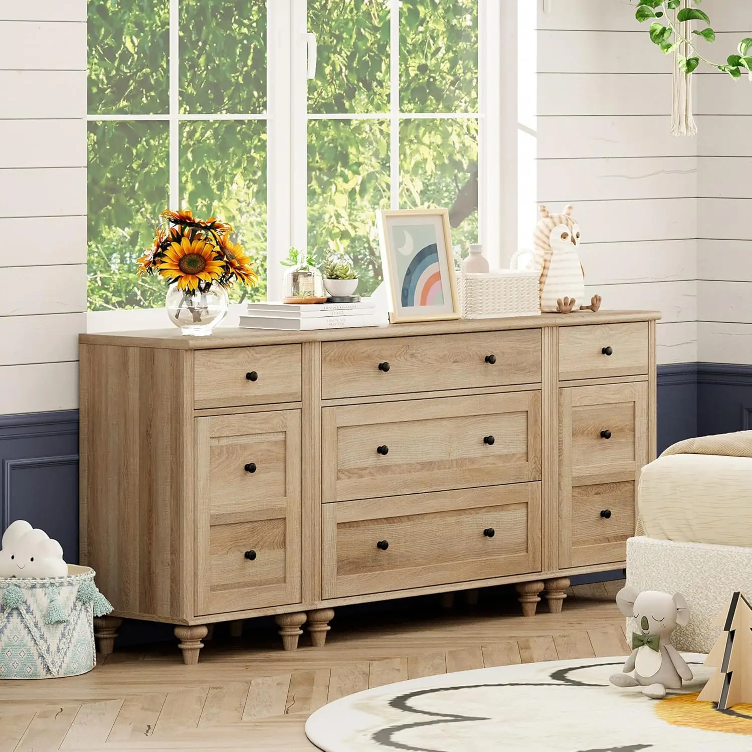 

Wampat Oak Dresser For Kids Bedroom With 5 Drawers And 2 Storage Cabinet, Nightstands With Charging Station For Living Room,