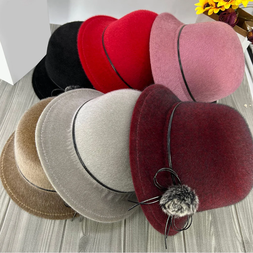 Vintage Women Bucket Cap Solid Bow Woolen Felt Fedoras Hat Female Winter Autumn Ladies Dome Felt Wedding Church Jazz Caps Bowler