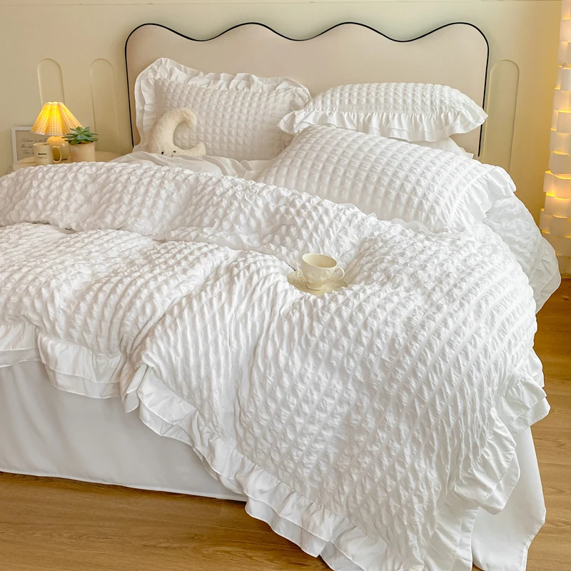 Korean Princess Bedding Set Soft Skin-friendly Breathable Ruffle Duvet Cover Set Solid Color Seersucker Quilt Covers Pillowcase