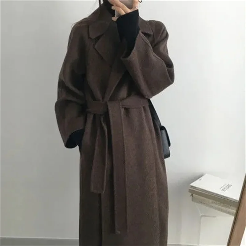 Chic Thick Warm Lapel Lace-up Pockets Loose Woolen Coat 2024 Autumn Winter New Korean Female Long Oversize Casual Women Clothes