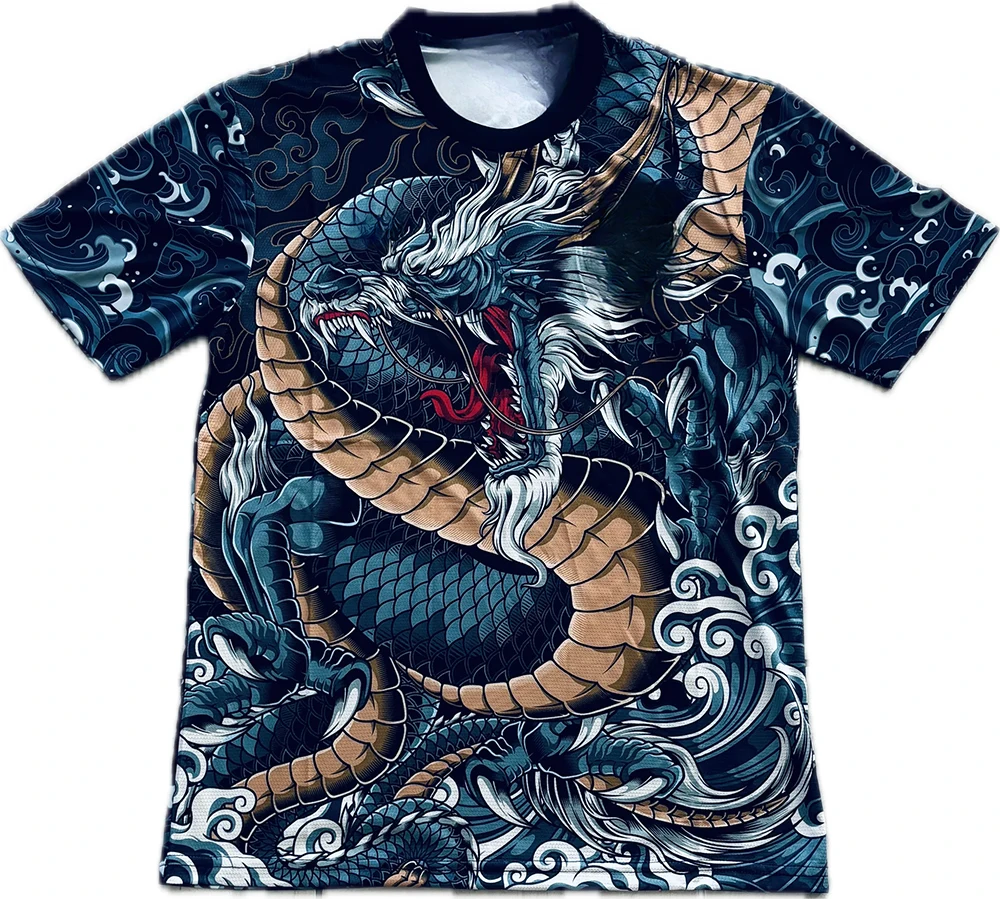Adult and Children's Ukiyo-e Dragon 3D Print Color-blocking T-shirts, Featuring A Bold Dragon Design
