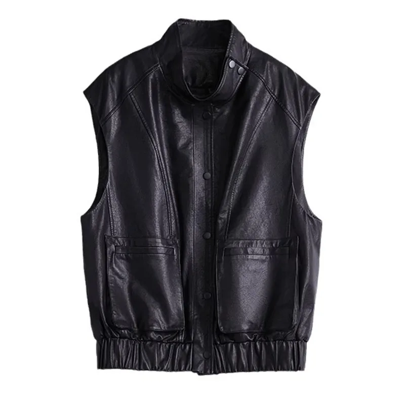 Women's Sheepskin Stand Collar Sleeveless Cargo Pocket Loose Casual Jacket, Single Breasted Vest, Autumn and Winter