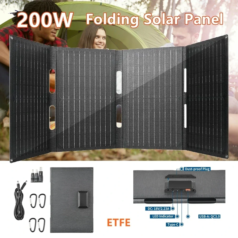 200W 18V/12V/5V Folding Solar Panel Portable ETFE Solar Charger Type-C/USB/DC Output for Outdoor Camping Hiking Power Station