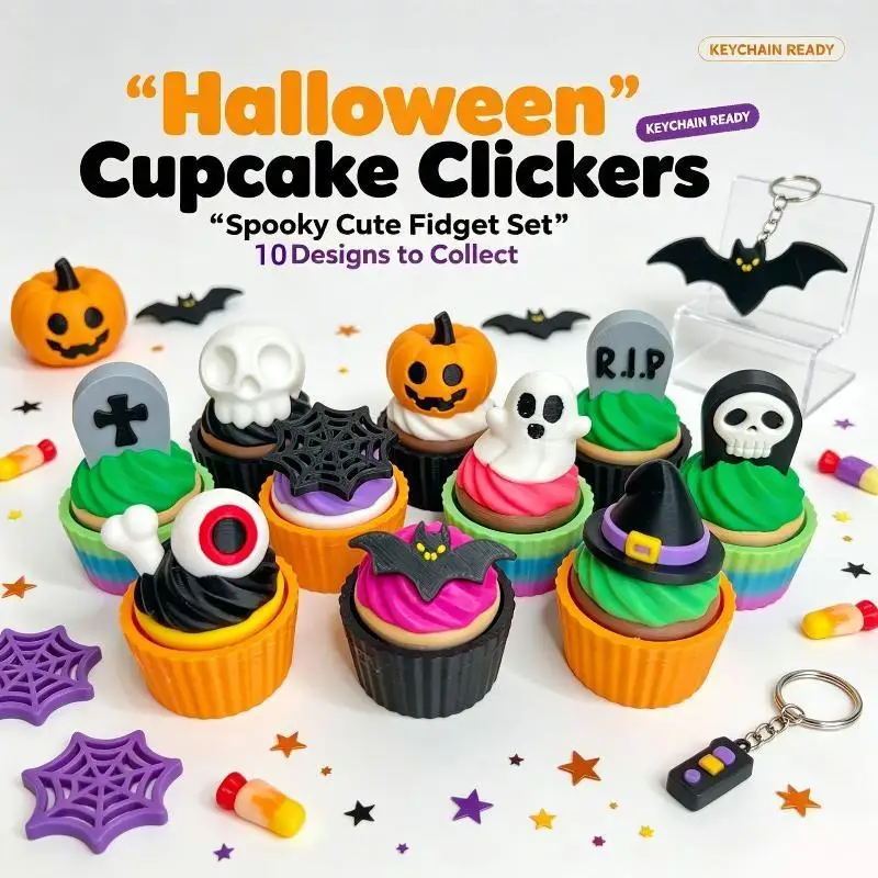 3D Printed Spooky Cupcake Clicker Fidget Halloween Keychain Fingertip Press Decompression Toy Party Gift