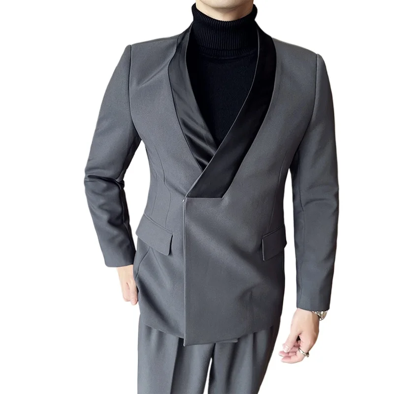 

Men's Splice Collar V-neck Slim Fit Wedding Dress Suits 2 Pieces Sets Jacket Pant Man Business Casual Vintage Suits