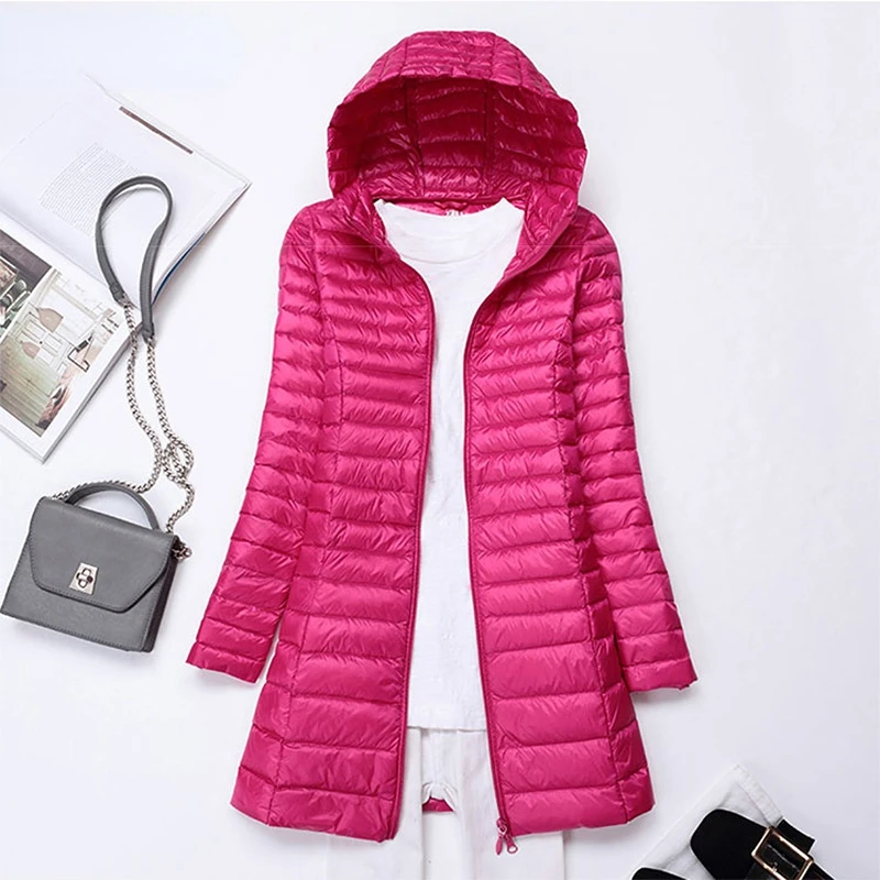 Winter Women Ultralight Thin Down Long Jacket White Duck Down Hooded Jackets Long Sleeve Warm Coat Parka Female Portable Outwear