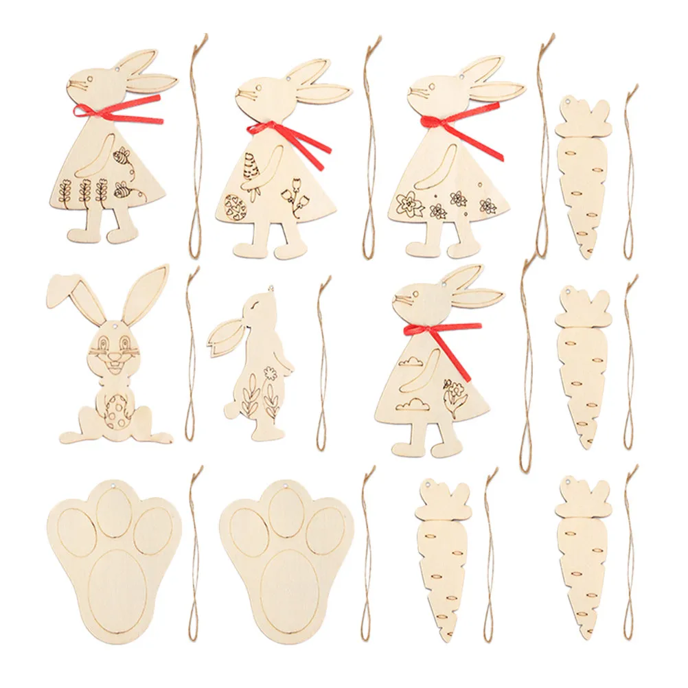 

Набор из 12 деревянных заготовок для поделок: Пасхальные кролики и морковки в деревенском стиле, для детского весеннего декора