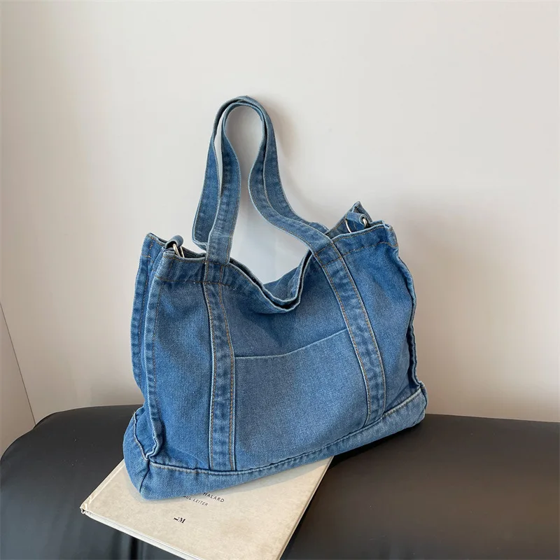 

2025 New Korean Style Denim Tote Bag for Schoolgirl Fashion Casual Shoulder Bag Large Capacity Canvas Handbag Simple Bookbag