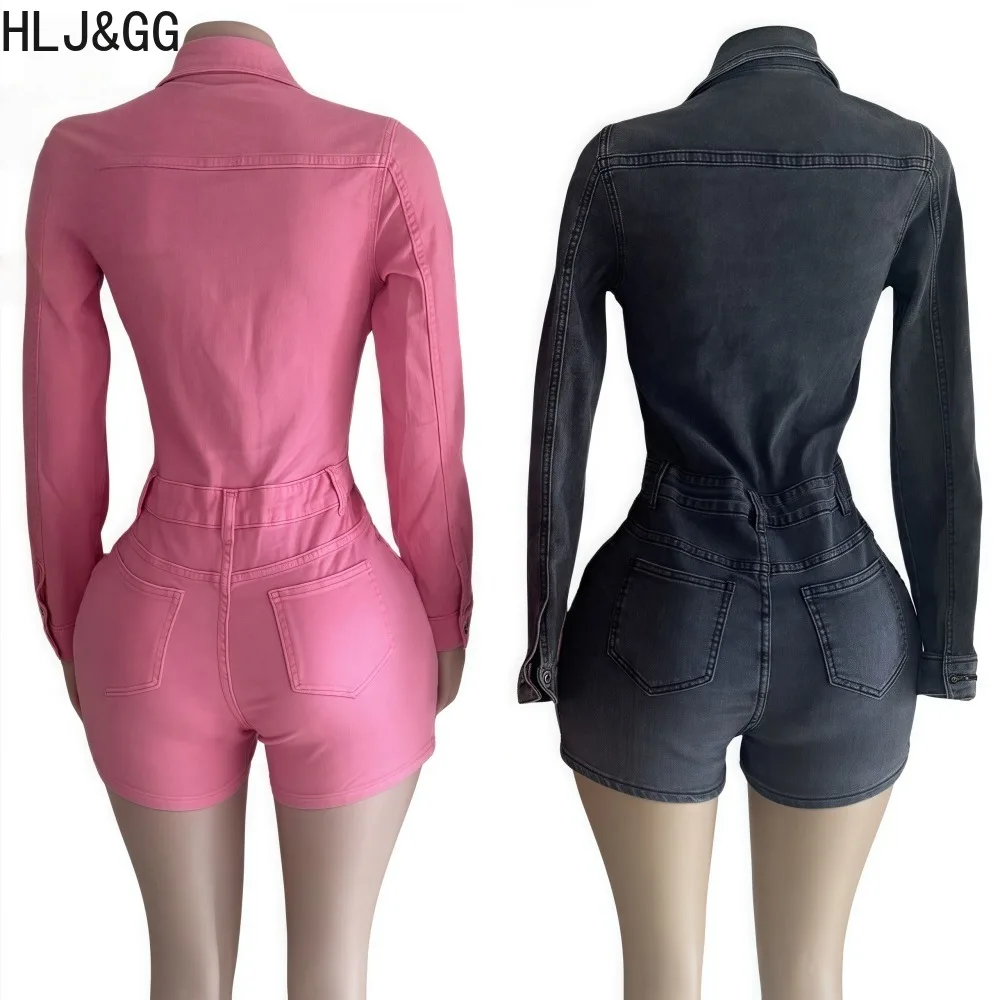 HLJ&GG Fashion Bodycon Denim Romper Woman Solid Color Long Sleeves One Piece Jumpsuit Female Streetwear Overalls 2025 Summer New