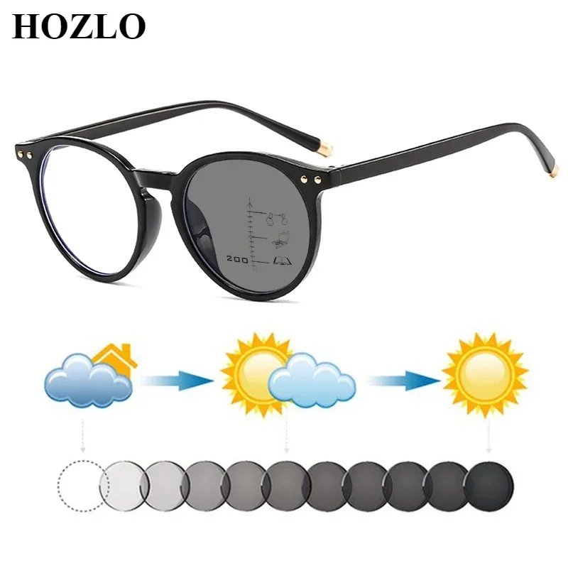 

New Simple Fashion Retro Rivets Round Women Photochromic Progressive Reading Sunglasses Men Hyperopia Spectacles Vision glasses