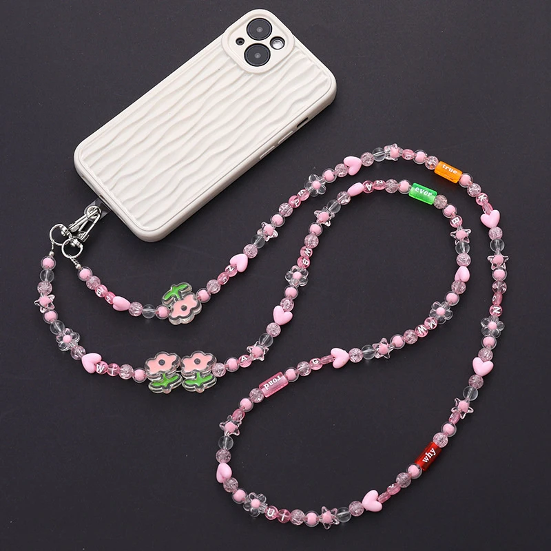 Flower Heart Bead Long Crossbody Phone Rope Strap For IPhone For Samsung Huawei Xiaomi Smart Phone Chain Pendant Bag Decoration