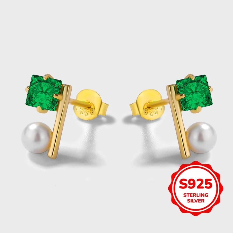 

Fashionable and Personalized Authentic S925 Silver Square Zircon Imitation Pearl Women's Earrings