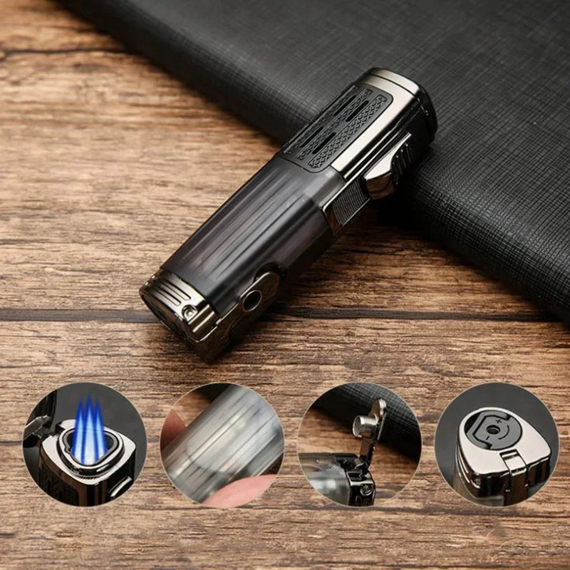 Honest Perspective Fuel Tank Metal Butane Lighter with Cigar Cutter Cigarette Lighter Windproof Gas Torch Spray Gun Three Flames