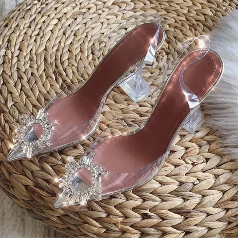 Aneikeh Lady Transparent PVC Slingback Heels Pointed Toe Crystal Rhinestone Sunflower Buckle Clear Heel Sandals Party Pumps Shoe
