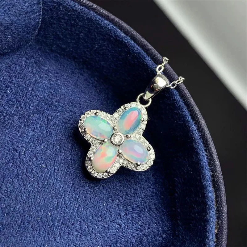 Real 925 Sterling Silver  Pendant Necklace  for Women's Gift Original Gemstone Genuine Opal with Certificate Four Leaf Clover