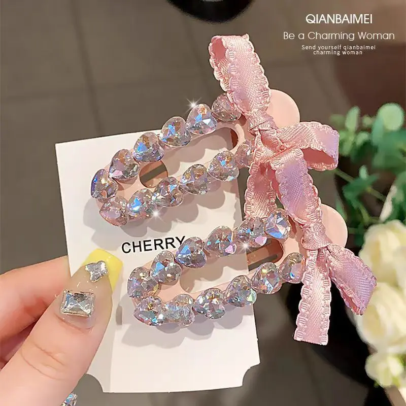 

Beautiful Korean Style Sparkling Diamond Hair Clip Pink Bow Headband with Sweet Bangs Clip Edge Clip for Women's Party Look