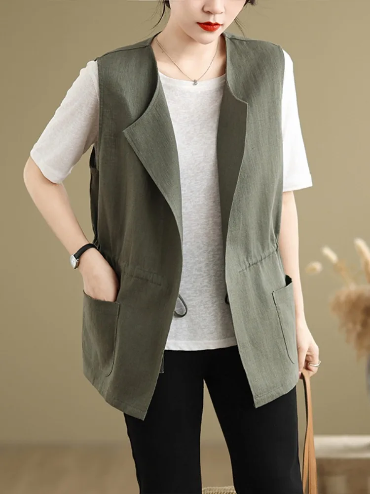 

Ele Cotton Linen Vest Outerwear Women Spring Summer Color Casual Waist Cinching Dstring Slimming oulder Pad mi...