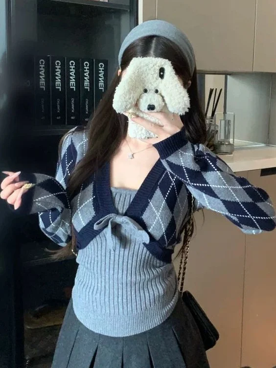 Slim Fit Color Block Knitted Sweater Set for Women Autumn Spring Two Piece Set Breathable Long Sleeve Regular Length Cardigan