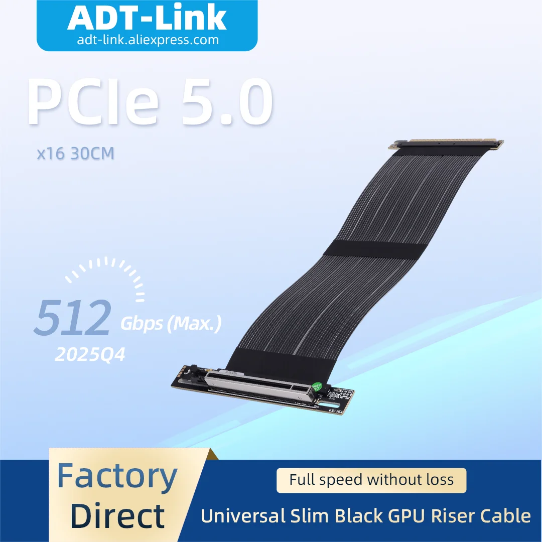 ADT-Link 512G/bps Graphics Card Extension Cable Standard PCIe 5.0 x16 GEN5 High-Speed Lossless Soft Ribbon Riser Cable