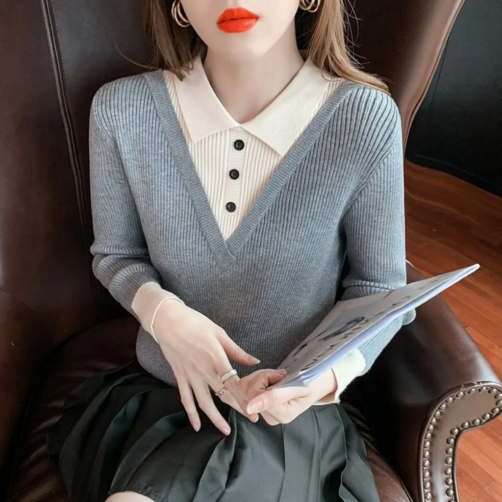 

Women's Fashionable Knitted Long-Sleeved Top Autumn New Arrival Fake Two-Piece Set Base Shirt for Casual Wear