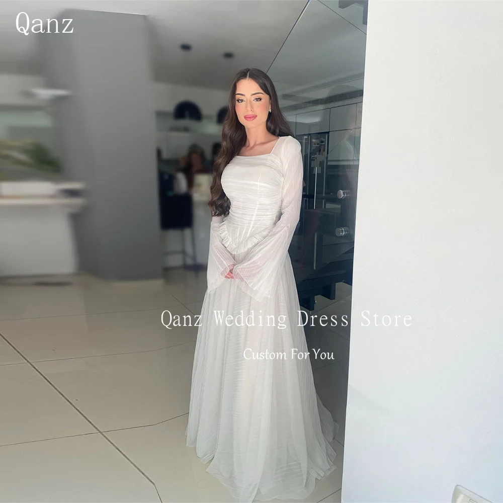 

Qanz Bohemia Ivory Long Puff Sleeeves Wedding Dresses Long A Line Strapless Pleat Robe De Mariage Vestido Boda Civil Customized