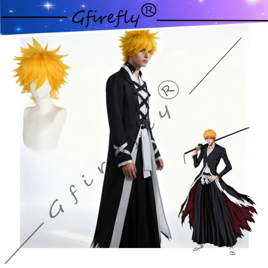 

Bleach Anime Kurosaki Ichigo Cosplay Costume Same Black Cool Cape Robe As The Character Halloween Costume for Comic Exhibition