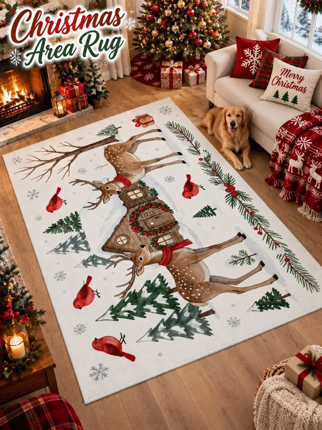 Christmas Rug Deer Cabin Cardinal Pine Floor Decor Carpet Living Room Bedroom Dining Area Entryway Apartment Cottage Winter Home Styling Beside Sofa Armchair Housewarming Birthday Gift for Family Friends Neighbors Homeowners Holiday Dinner Gatherings