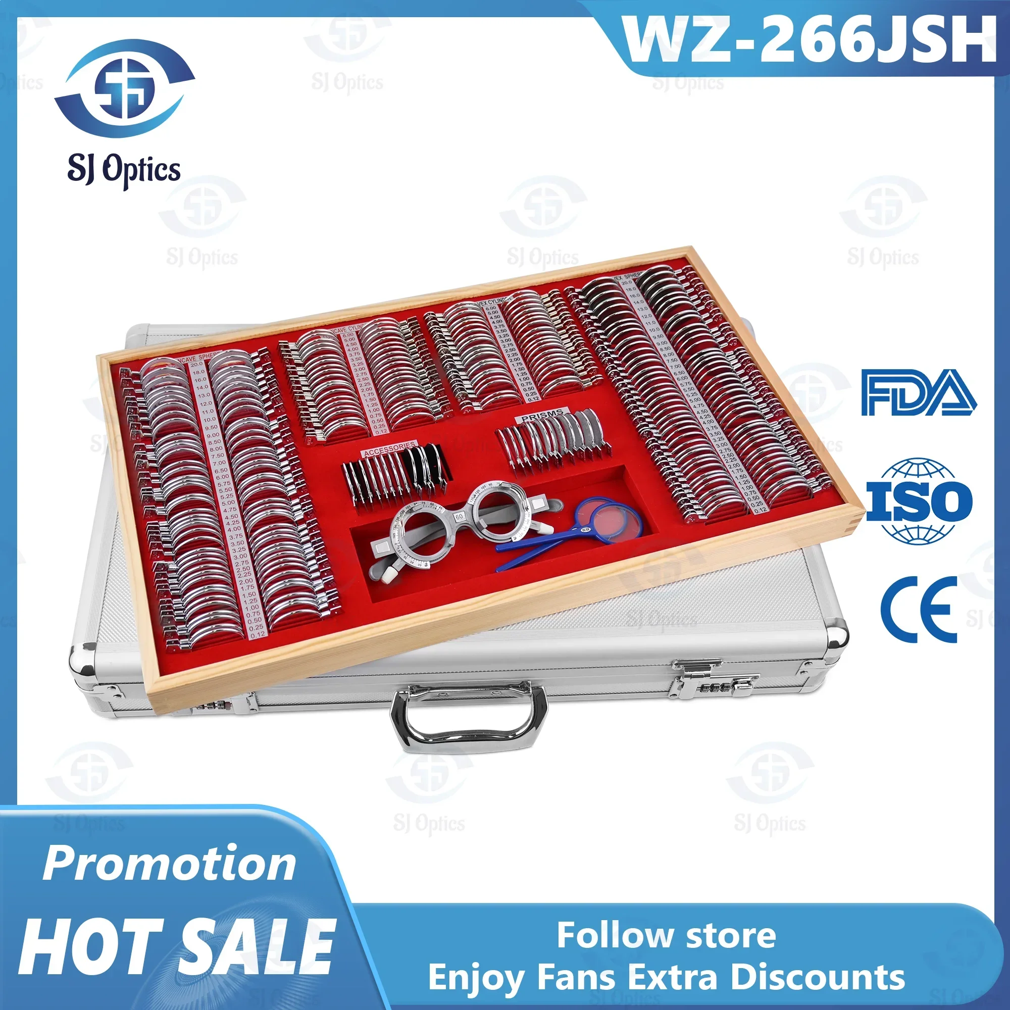 SJ Optics Portable Optometry Equipment Trial Lens Set Optical Instruments with 266 Glasses and Red Velvet Set of Trial Lenses