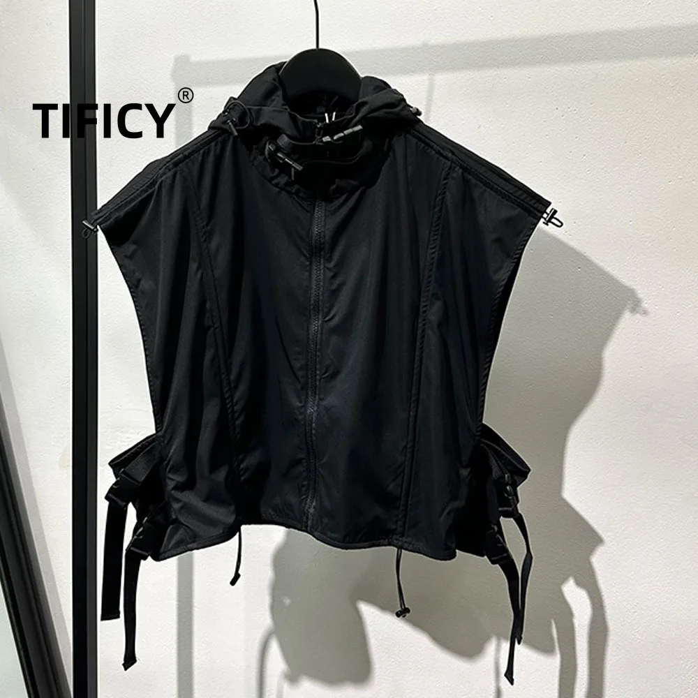 

TIFICY High Street жилет мужская темная стильная рабочая одежда уличный короткий свободный жилет с капюшоном популярная высококачественная куртка без рукавов