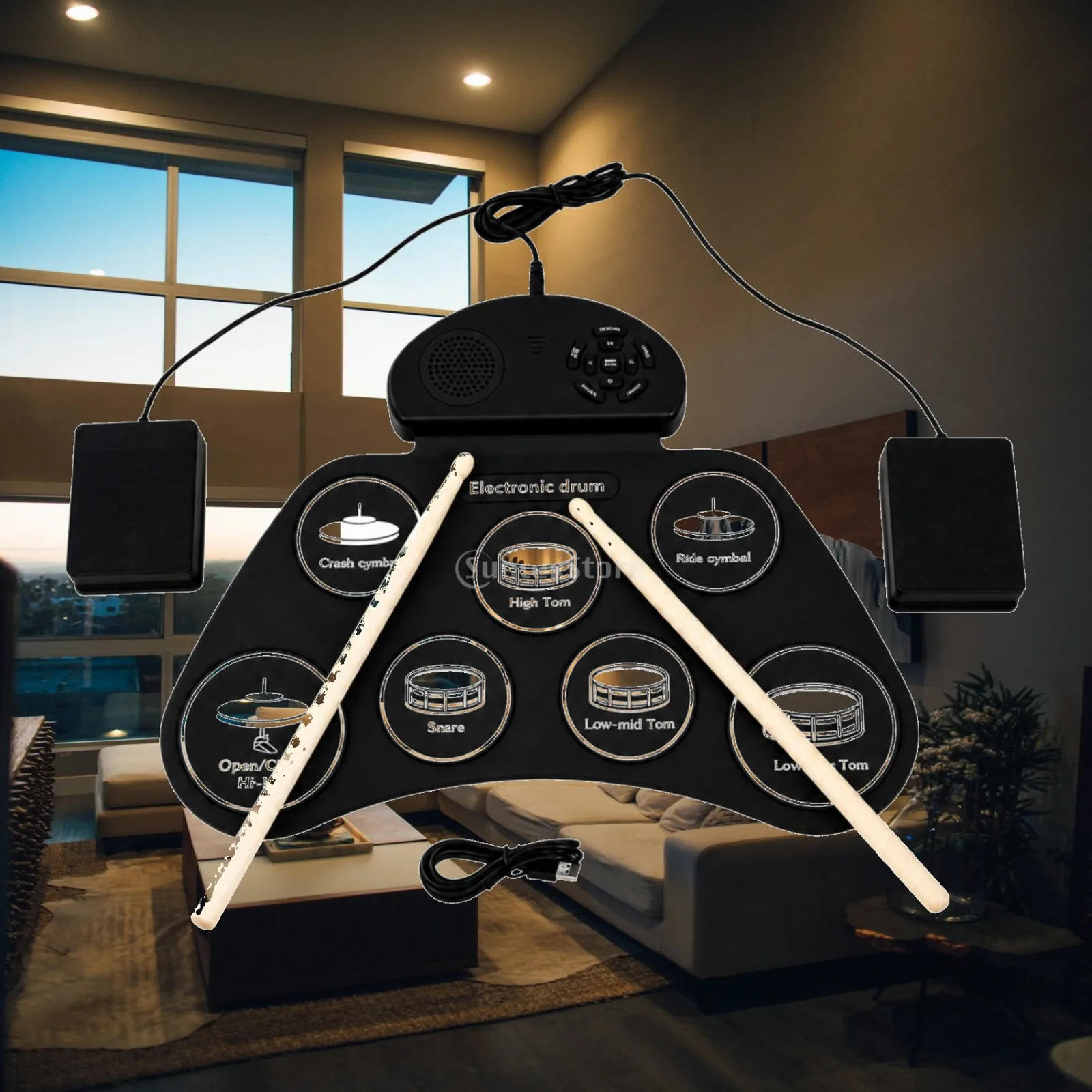 Tabletop Electronic Drum Pad Set with Foot Pedal and USB Power for Portable Drumming
