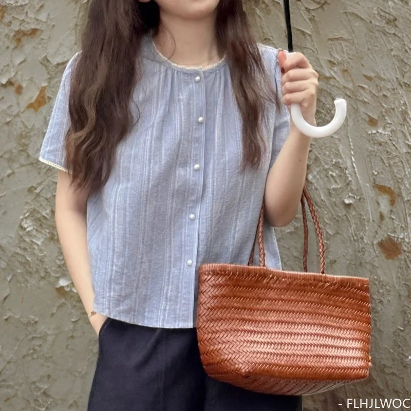 코튼 블렌드 블루 스트라이프 상의, 귀여운 일본 스타일, 소녀 레트로 빈티지 캐주얼 싱글 브레스트 단추 셔츠, 여름