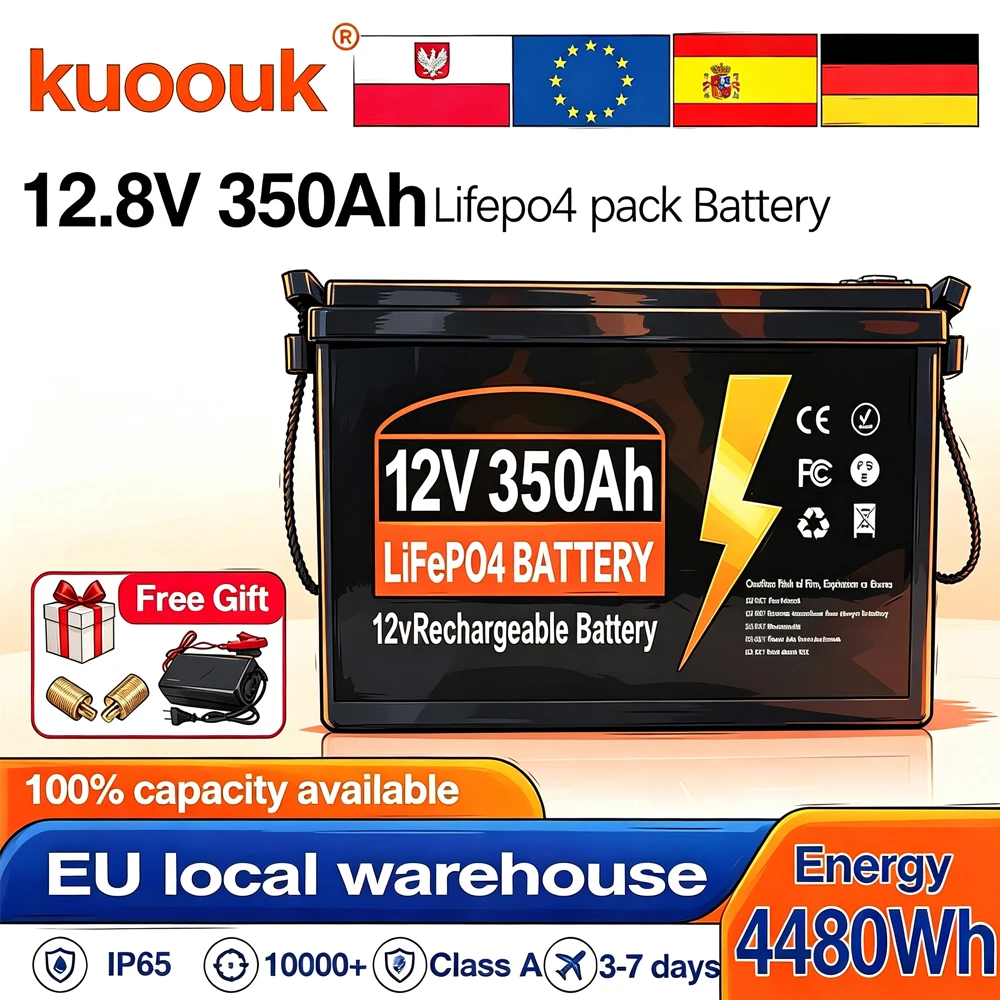 Neue 12V 350Ah LiFePO4 Lithium-Eisenphosphat-Batterie, integriertes 100A BMS, Kälteschutz, 10000+ Tiefentladungszyklen, für Wohnmobile, Solar, EU-Lager