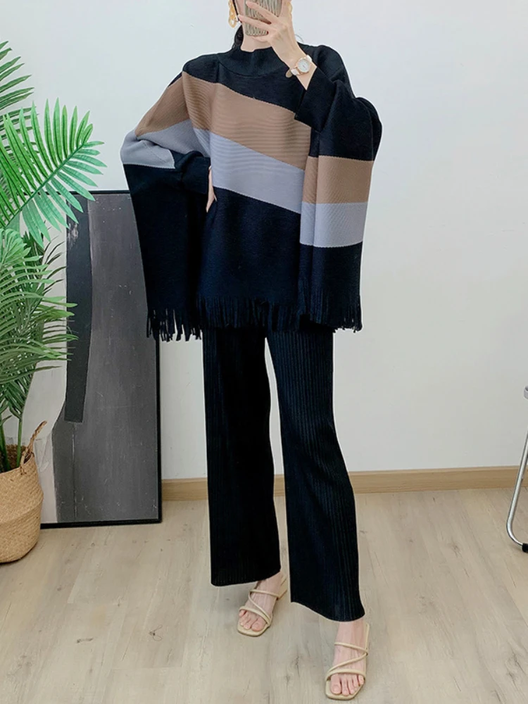 EGRM Contrast Color Pleated Set Shawl Top+casual Straight Leg Pants 2 Piece Sets 2024 Autumn New Elegant Women\'s Clothing 6RM198