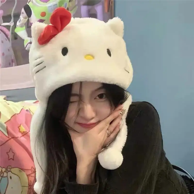 

Кавайная аниме шапка Sanrio с милым Hello Kitty осень-зима мультяшная Милая универсальная модная плюшевая шапка Антифриз для девочек Рождественский подарок
