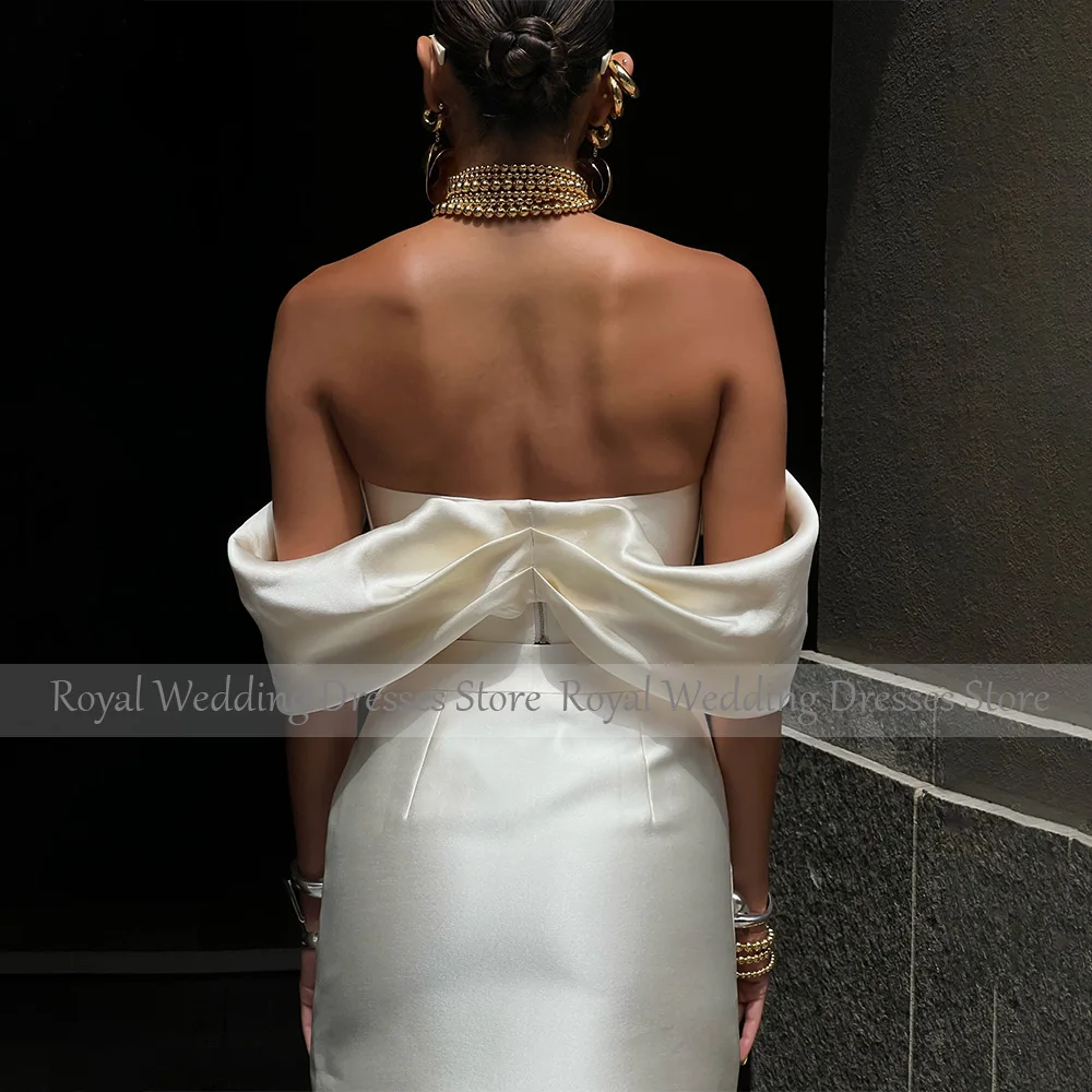 Modern Wedding Dress Mini Off the Shoulder V Neck Sexy  Gowns Crop Top 2 Pieces Ivory Satin Bridal Dresses with Pockets